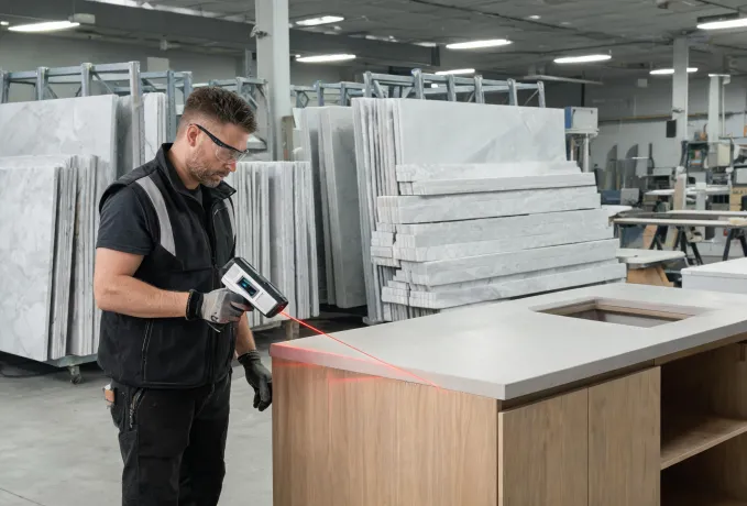 Fabricator templating a kitchen island