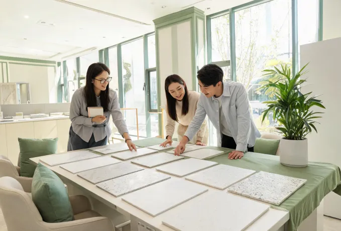 Showroom workshop with homeowners reviewing quartz samples