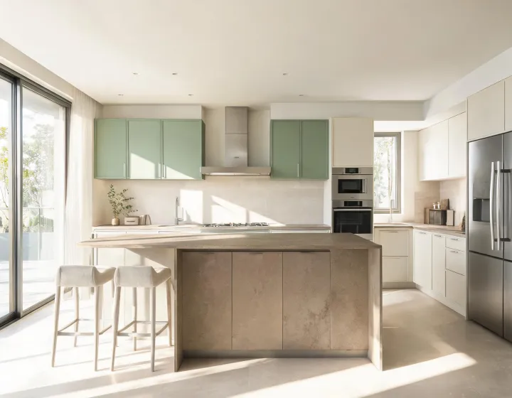 Caesarstone quartz kitchen island with warm concrete tone