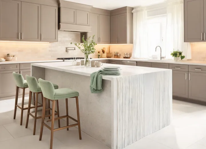 Inspired kitchen scene with Caesarstone quartz and warm lighting