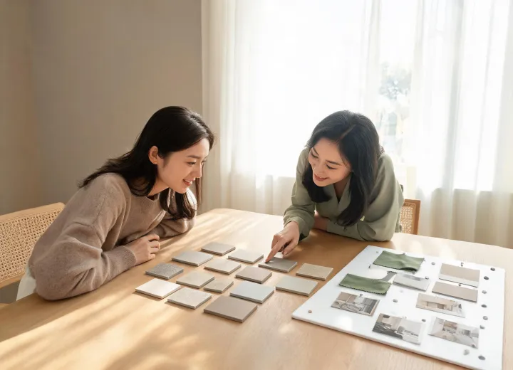Designer reviewing Caesarstone sample chips on a project board